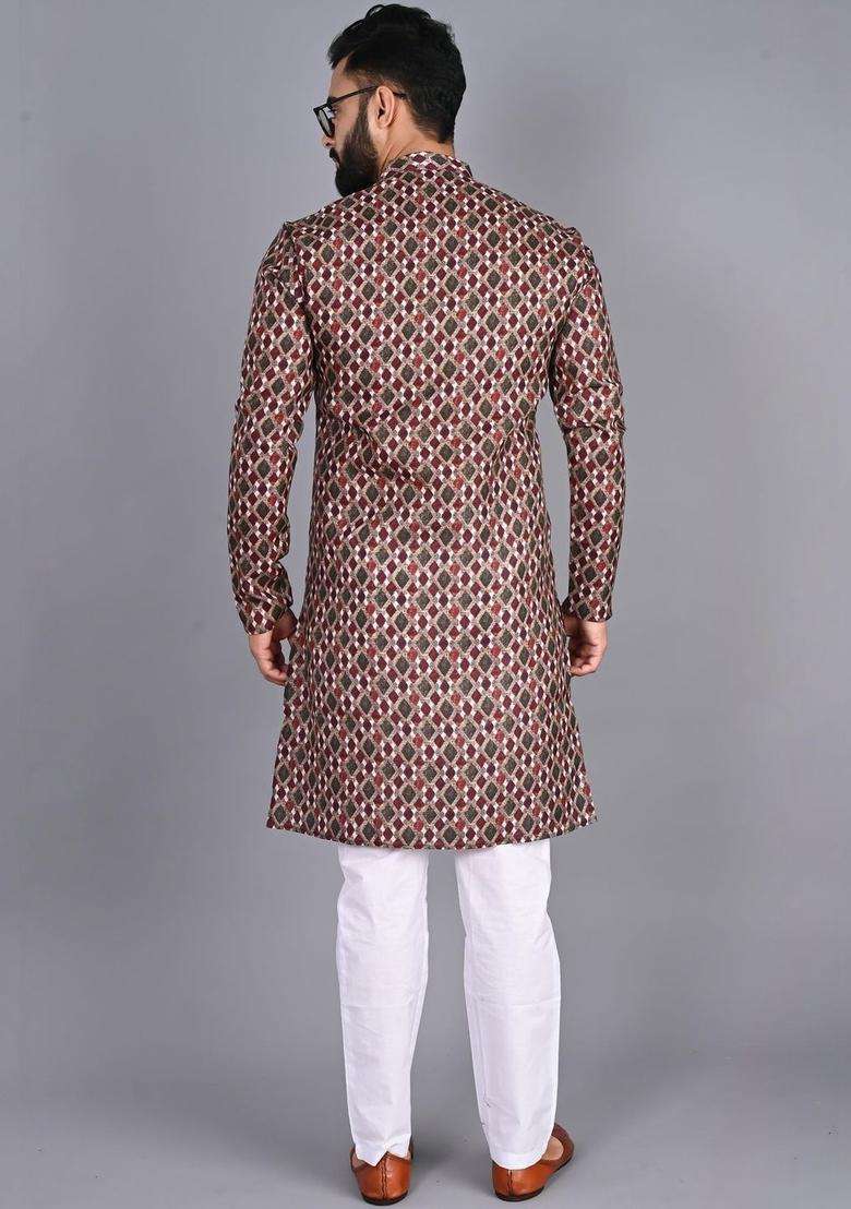 Multi Printed Cotton Kurta Set For Men - Indya