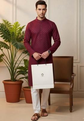 Maroon Self Design Cotton Kurta Set For Men