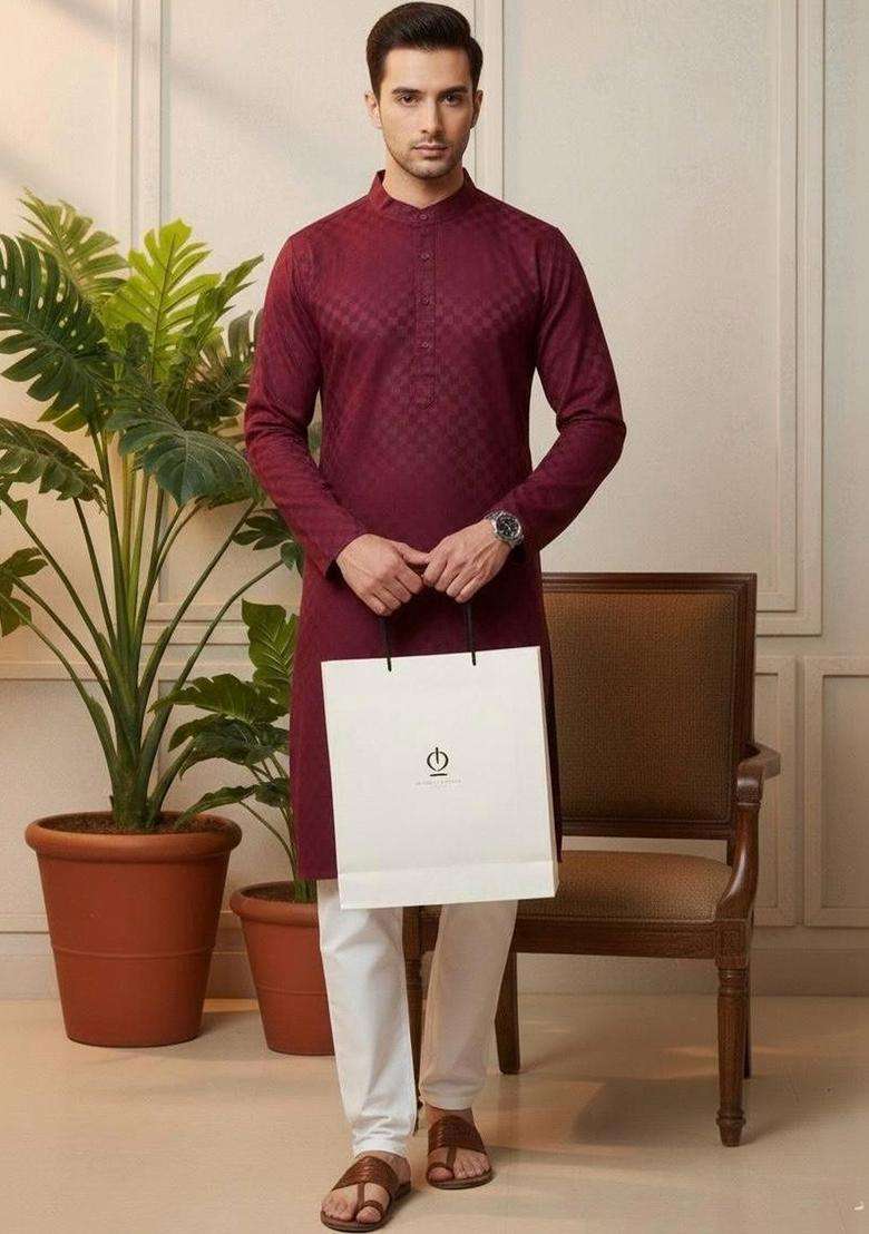 Maroon Self Design Cotton Kurta Set For Men - Indya