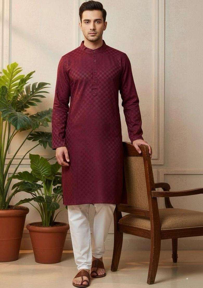 Maroon Self Design Cotton Kurta Set For Men - Indya