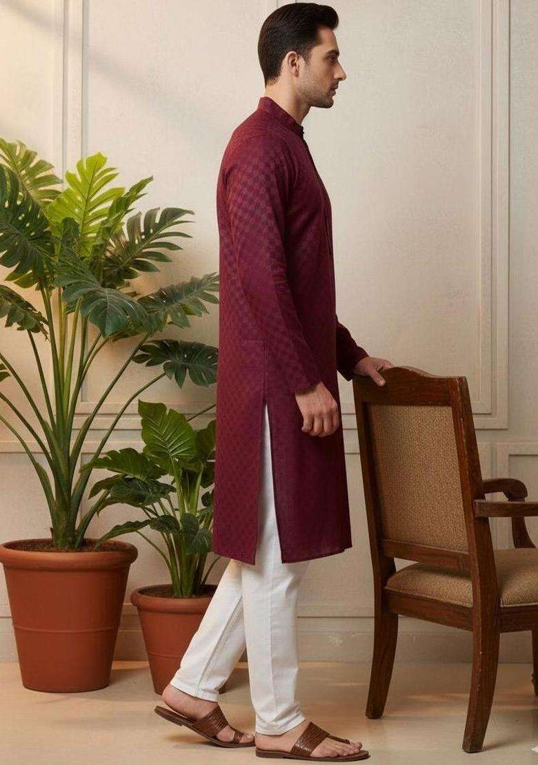 Maroon Self Design Cotton Kurta Set For Men - Indya