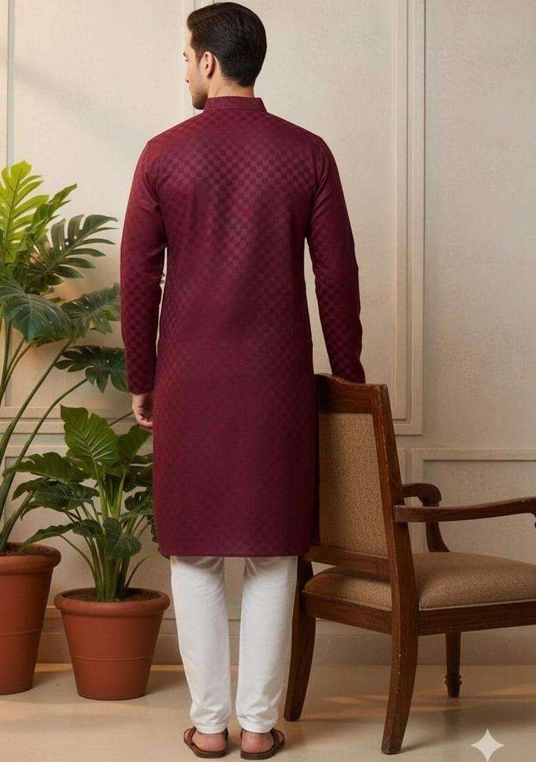 Maroon Self Design Cotton Kurta Set For Men - Indya