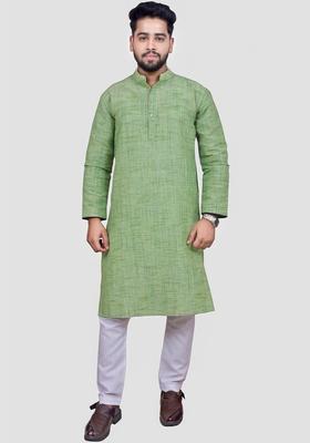 Green Self Design Cotton Kurta Set For Men