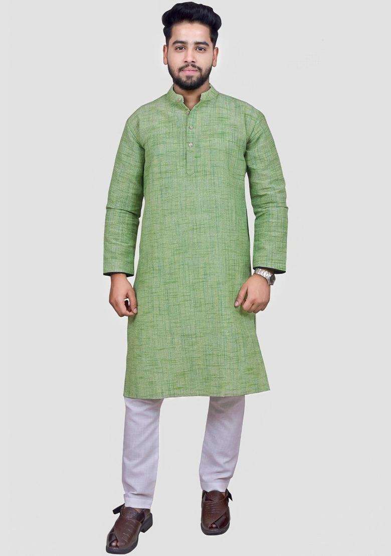 Green Self Design Cotton Kurta Set For Men - Indya