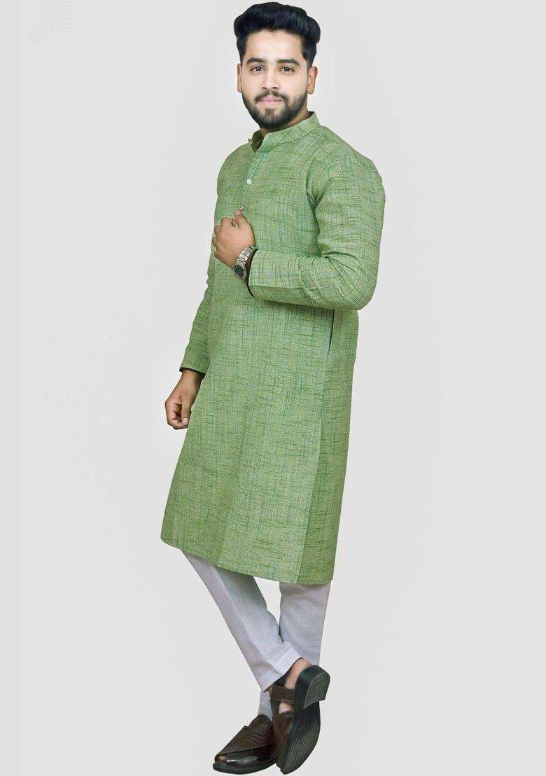 Green Self Design Cotton Kurta Set For Men - Indya