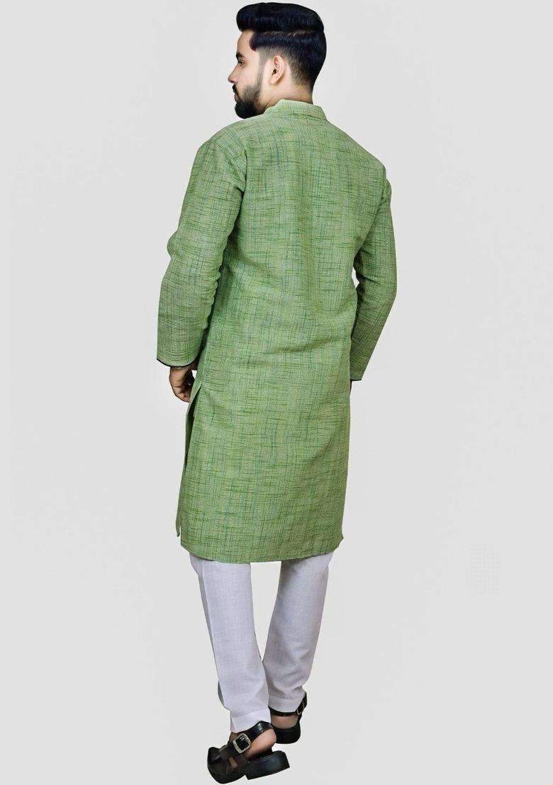 Green Self Design Cotton Kurta Set For Men - Indya
