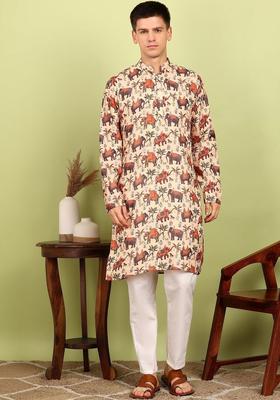 Off White Printed Cotton Kurta Set For Men