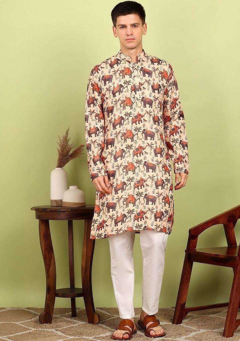 Off White Printed Cotton Kurta Set For Men - Indya