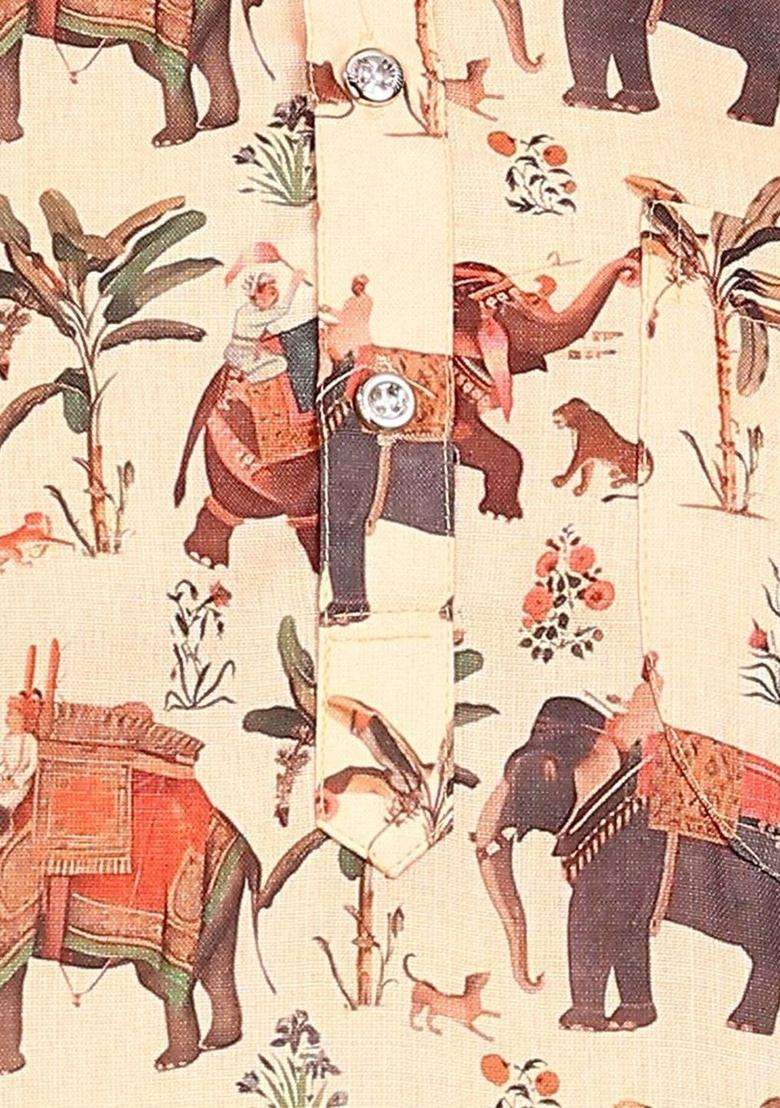Off White Printed Cotton Kurta Set For Men - Indya
