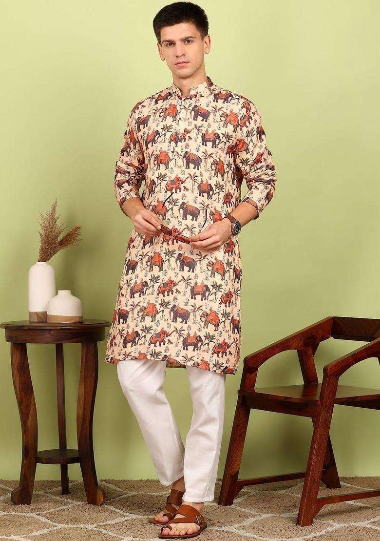 Off White Printed Cotton Kurta Set For Men - Indya