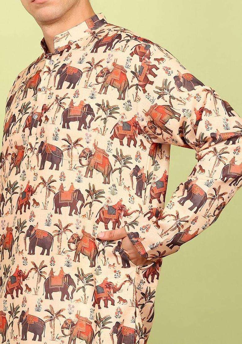 Off White Printed Cotton Kurta Set For Men - Indya