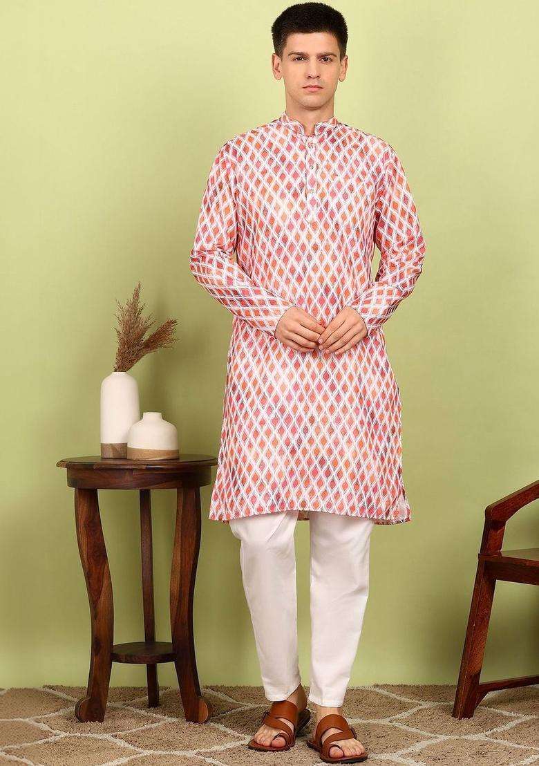 White Printed Cotton Kurta Set For Men - Indya