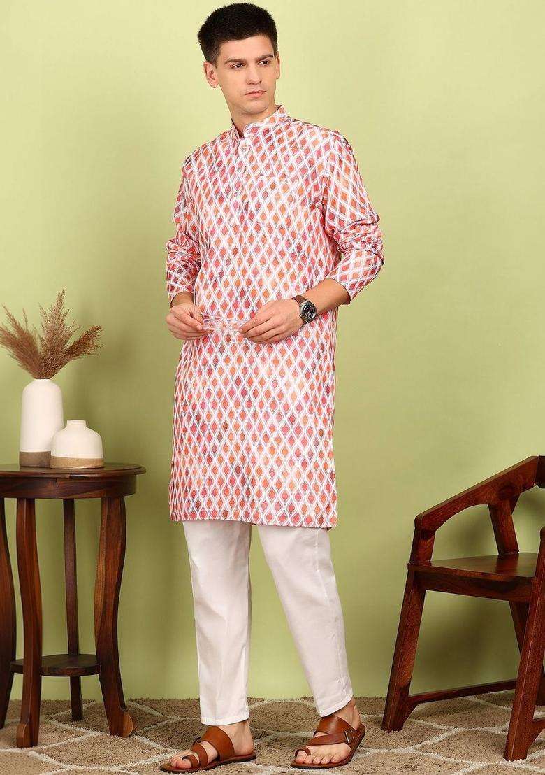 White Printed Cotton Kurta Set For Men - Indya