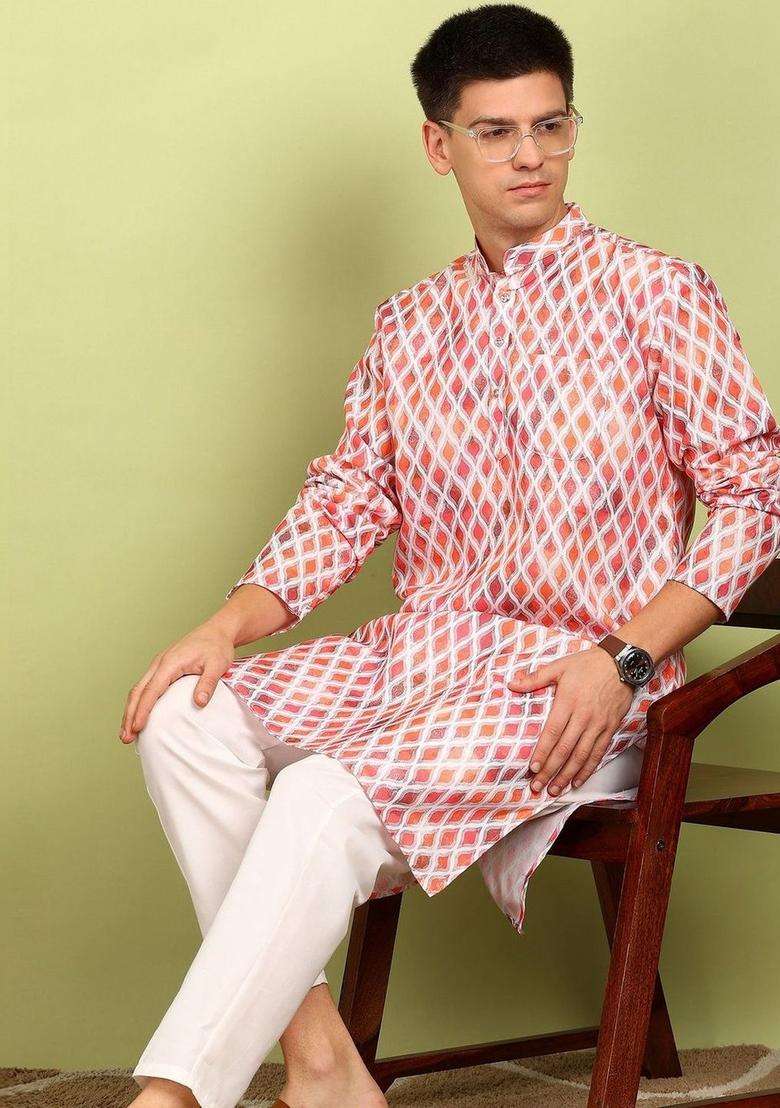 White Printed Cotton Kurta Set For Men - Indya