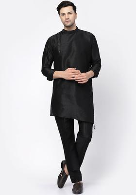 Black Solid Silk Kurta Set For Men
