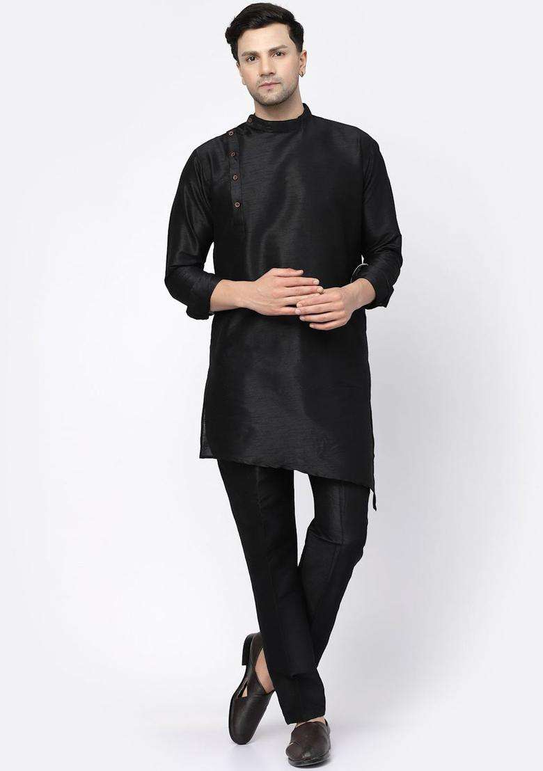 Black Solid Silk Blend Kurta Set For Men - Indya