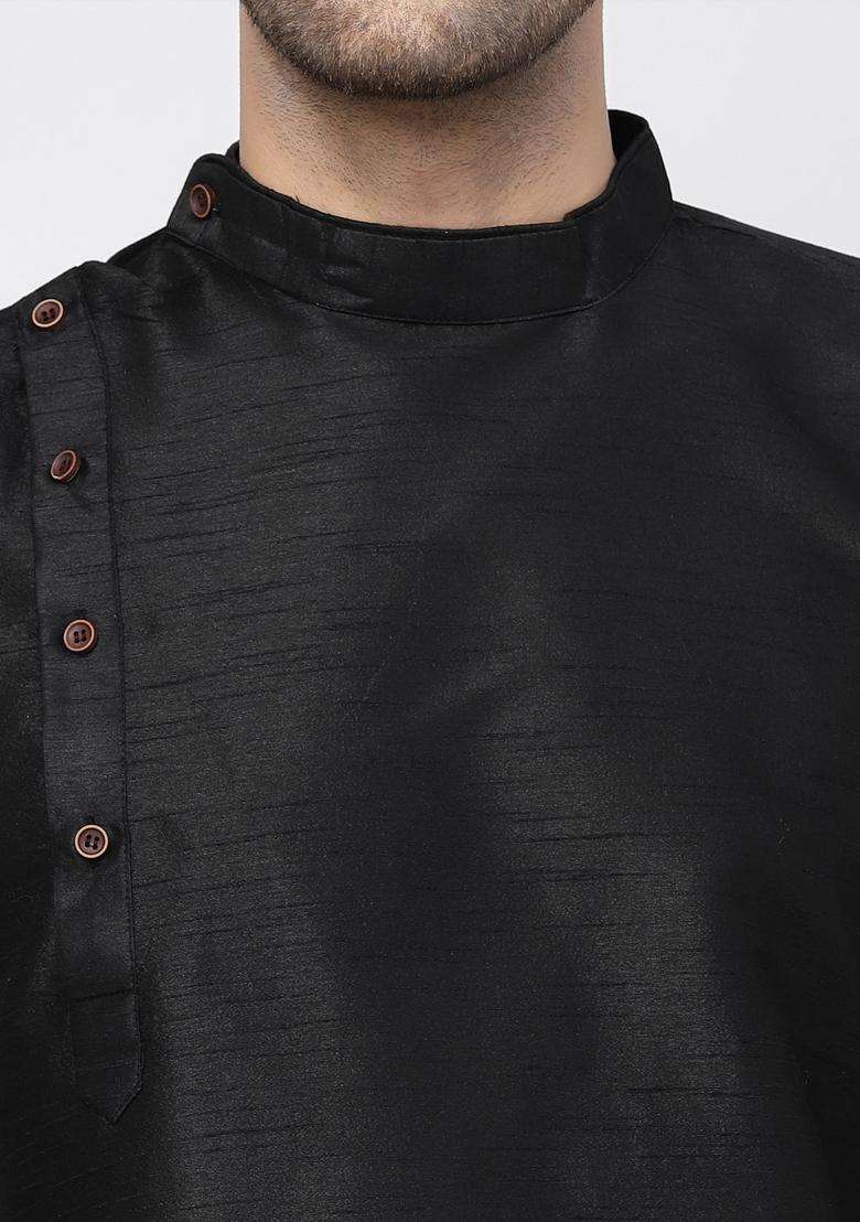 Black Solid Silk Blend Kurta Set For Men - Indya