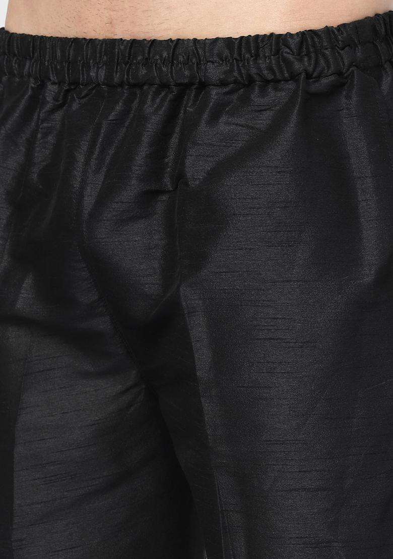 Black Solid Silk Blend Kurta Set For Men - Indya