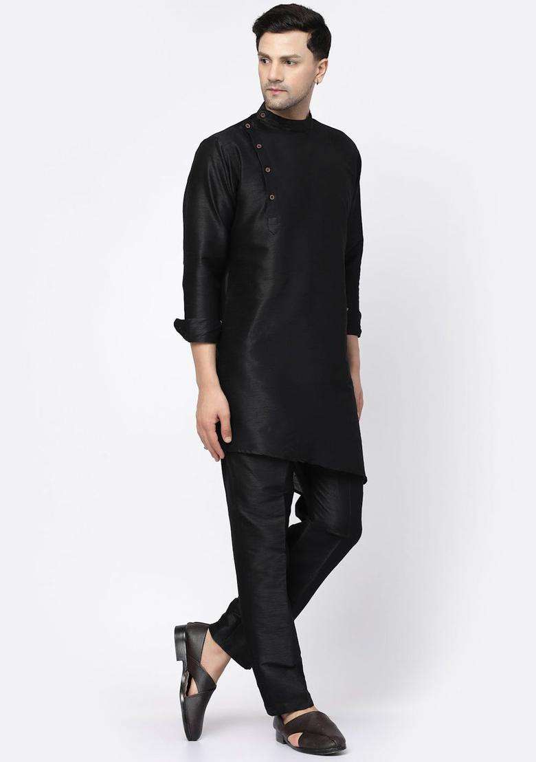 Black Solid Silk Blend Kurta Set For Men - Indya