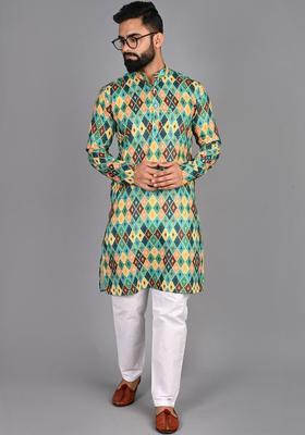 Multi Printed Cotton Kurta Set For Men