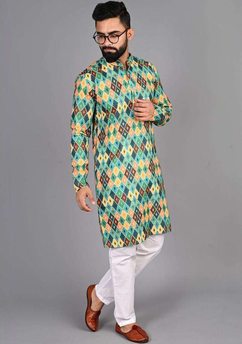 Multi Printed Cotton Kurta Set For Men - Indya