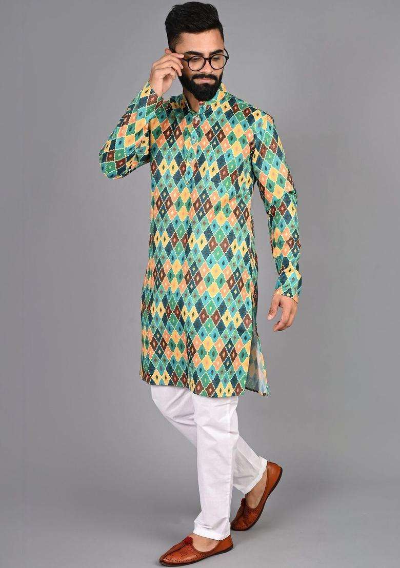 Multi Printed Cotton Kurta Set For Men - Indya