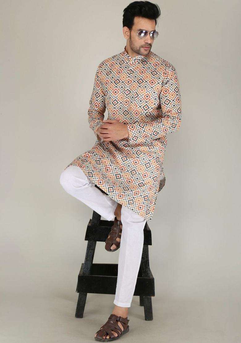 Multi Printed Cotton Kurta Set For Men - Indya
