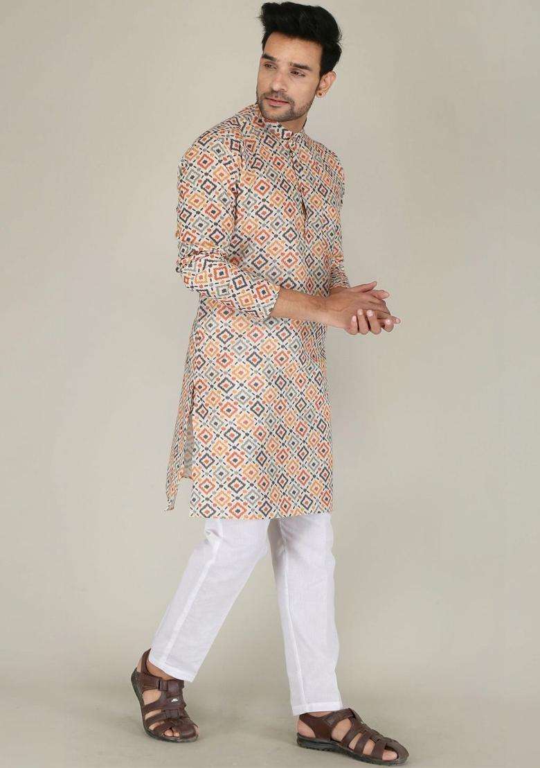 Multi Printed Cotton Kurta Set For Men - Indya