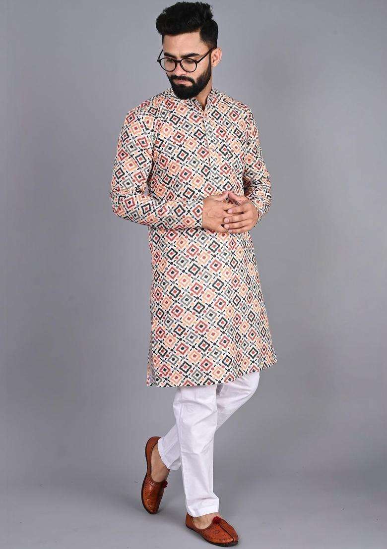 Multi Printed Cotton Kurta Set For Men - Indya
