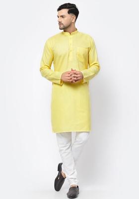 Yellow Solid Cotton Kurta Set For Men