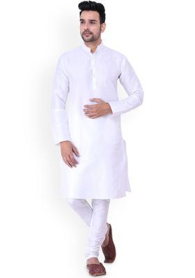 White Solid Silk Kurta Set For Men