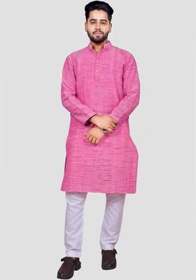 Pink Self Design Cotton Kurta Set For Men