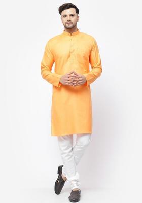 Orange Solid Cotton Kurta Set For Men