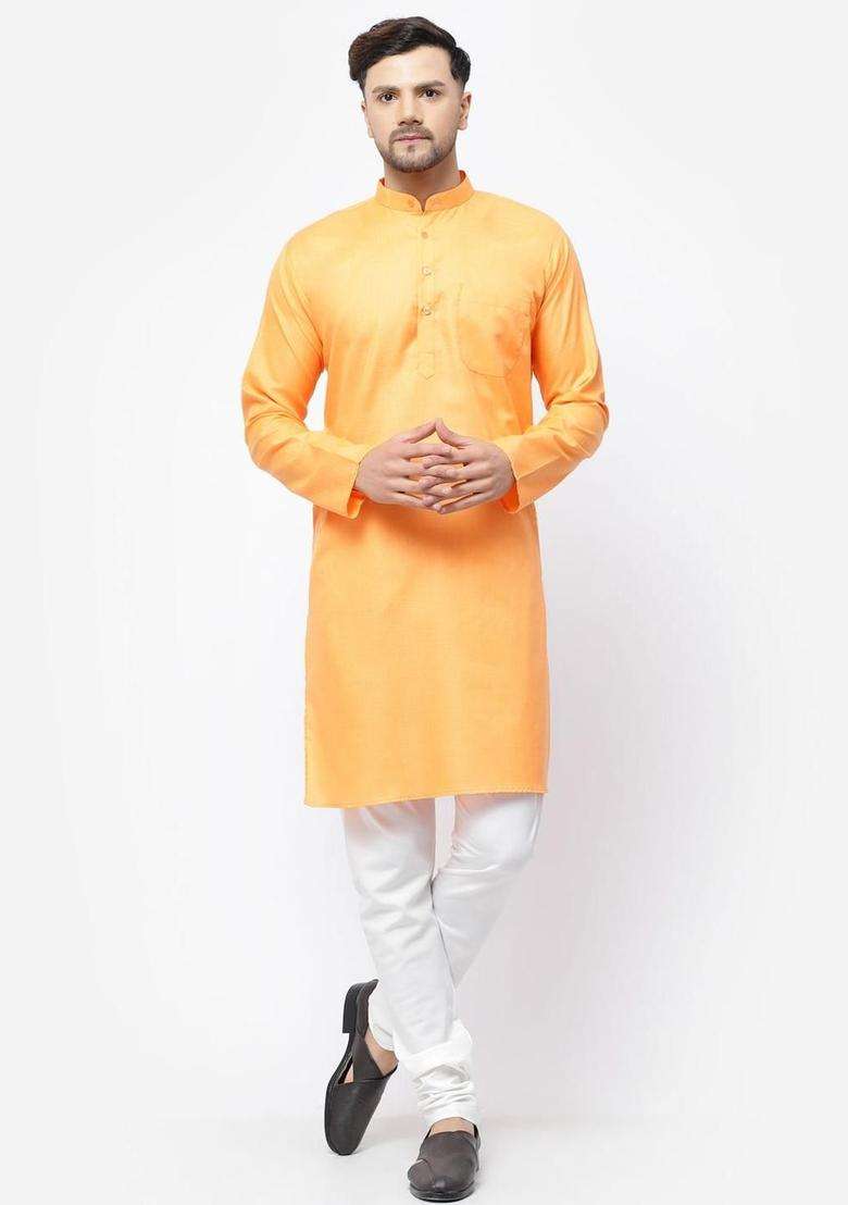 Orange Solid Cotton Kurta Set For Men - Indya