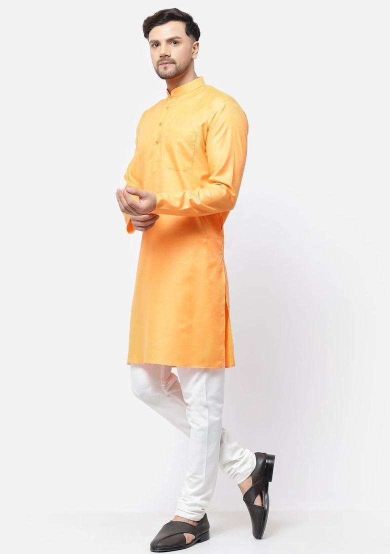 Orange Solid Cotton Kurta Set For Men - Indya