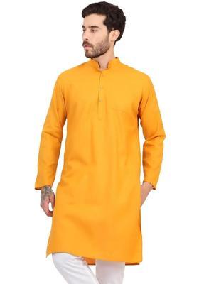 Yellow Solid Silk Kurta Set For Men