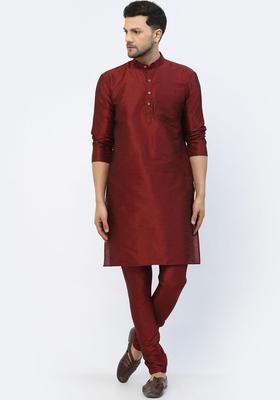Maroon Solid Silk Kurta Set For Men