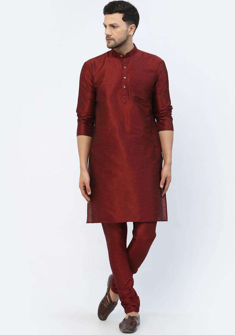 Maroon Solid Silk Blend Kurta Set For Men - Indya