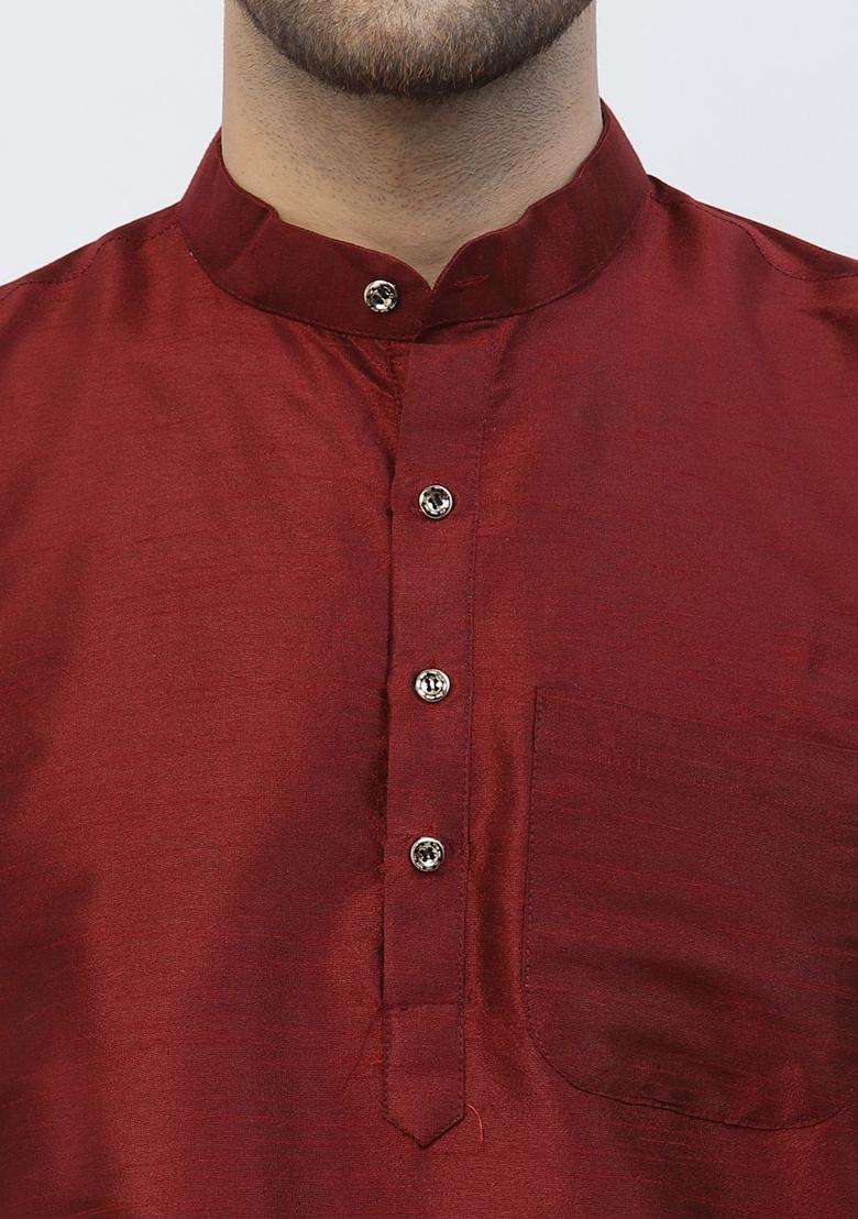 Maroon Solid Silk Blend Kurta Set For Men - Indya