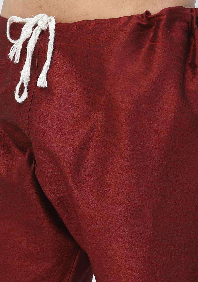 Maroon Solid Silk Blend Kurta Set For Men - Indya