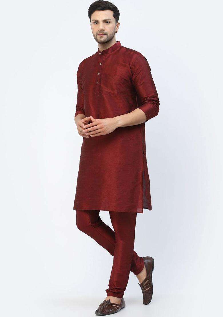 Maroon Solid Silk Blend Kurta Set For Men - Indya