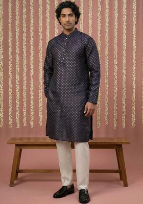 Navy Blue Woven Design Silk Kurta Set For Men