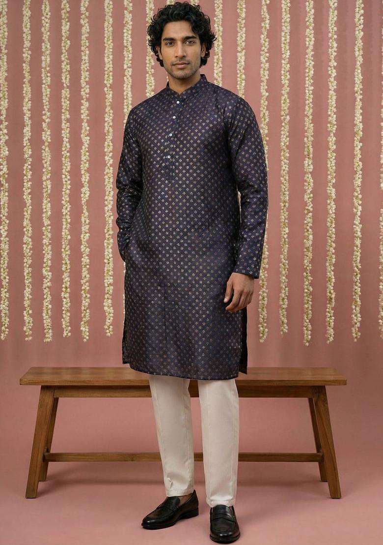 Navy Blue Woven Design Silk Kurta Set For Men - Indya