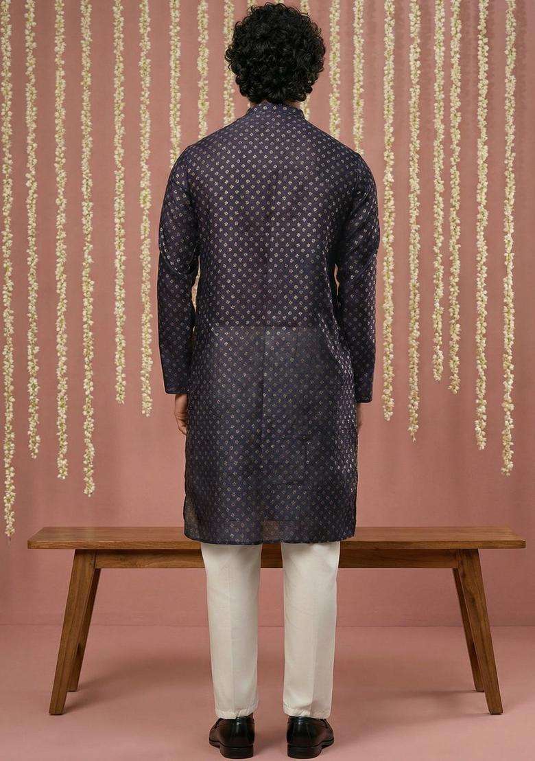 Navy Blue Woven Design Silk Kurta Set For Men - Indya