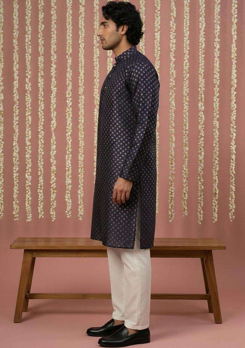 Navy Blue Woven Design Silk Kurta Set For Men - Indya