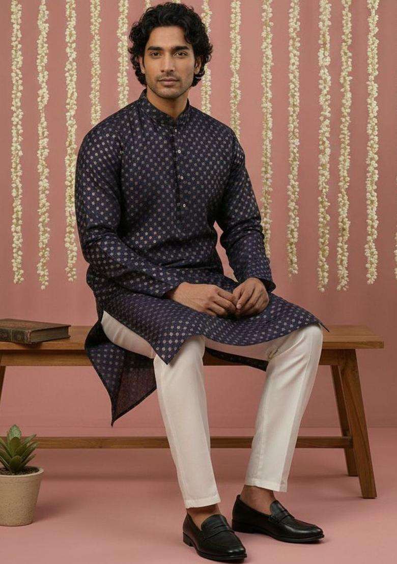 Navy Blue Woven Design Silk Kurta Set For Men - Indya