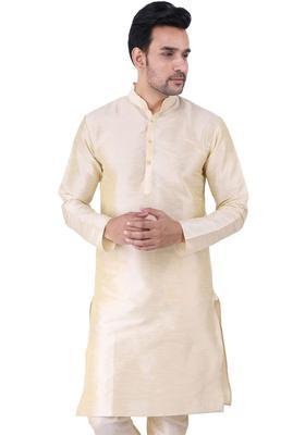 Cream Solid Silk Blend Kurta Set For Men