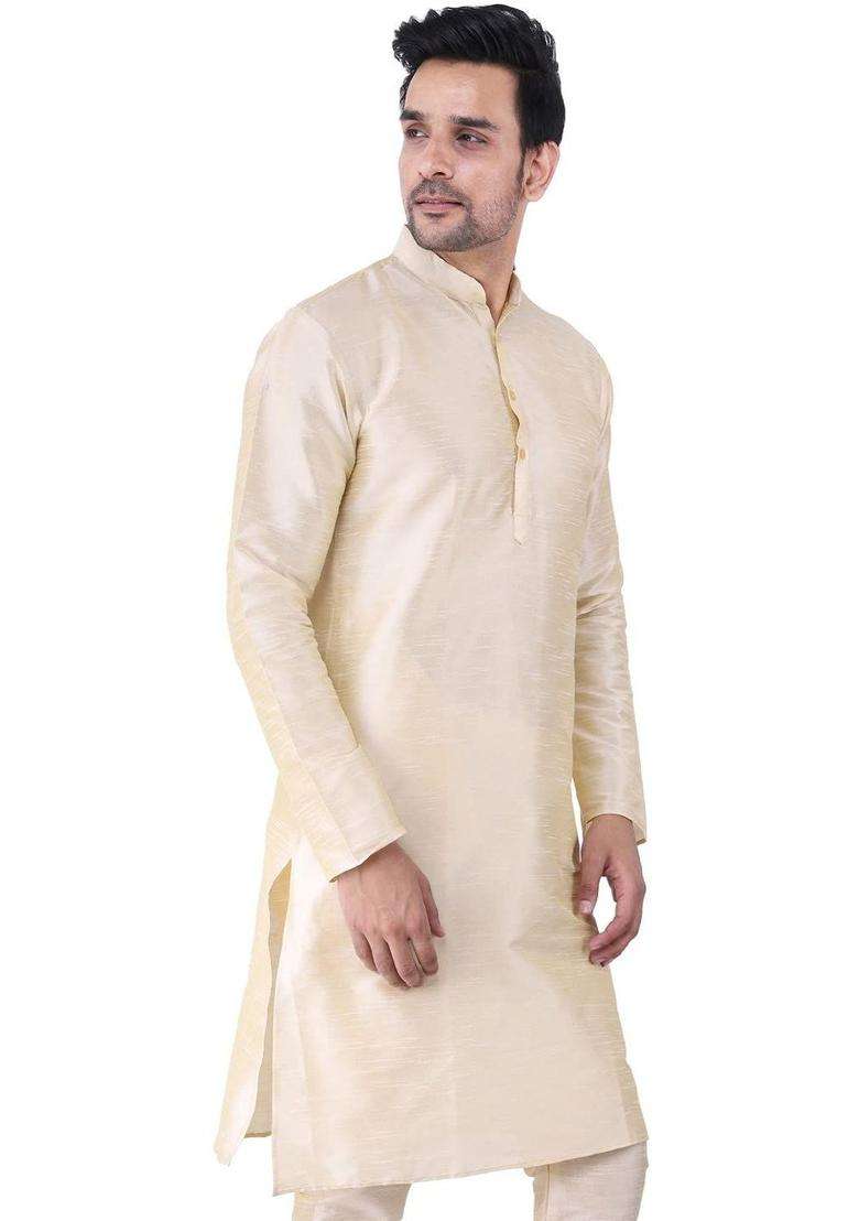 Cream Solid Silk Blend Kurta Set For Men - Indya