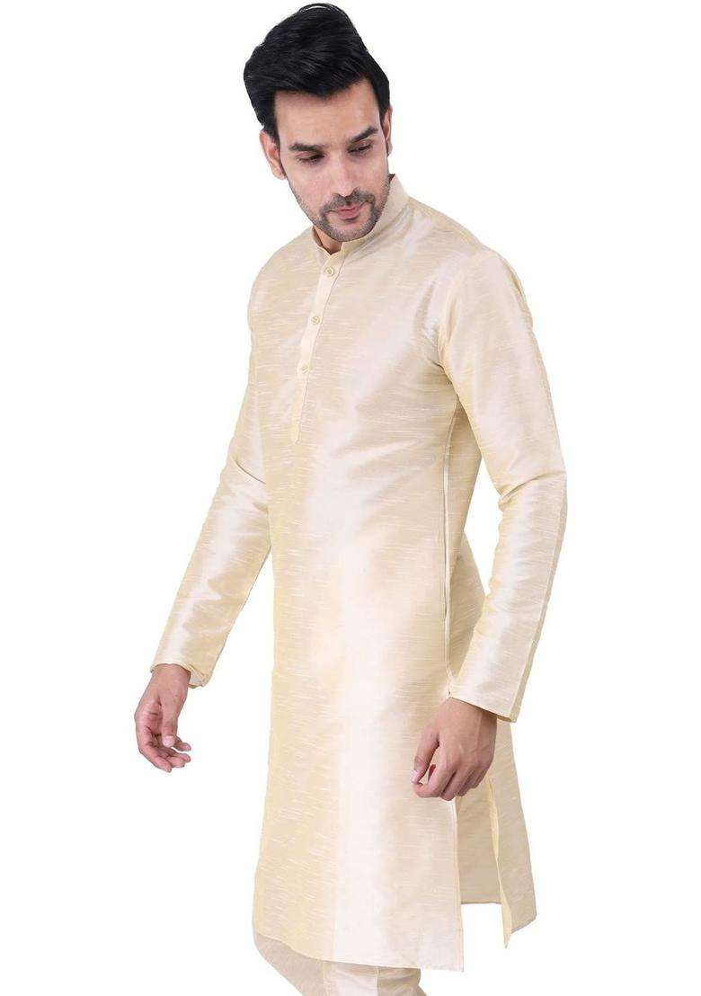 Cream Solid Silk Blend Kurta Set For Men - Indya