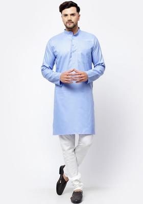 Blue Solid Cotton Kurta Set For Men